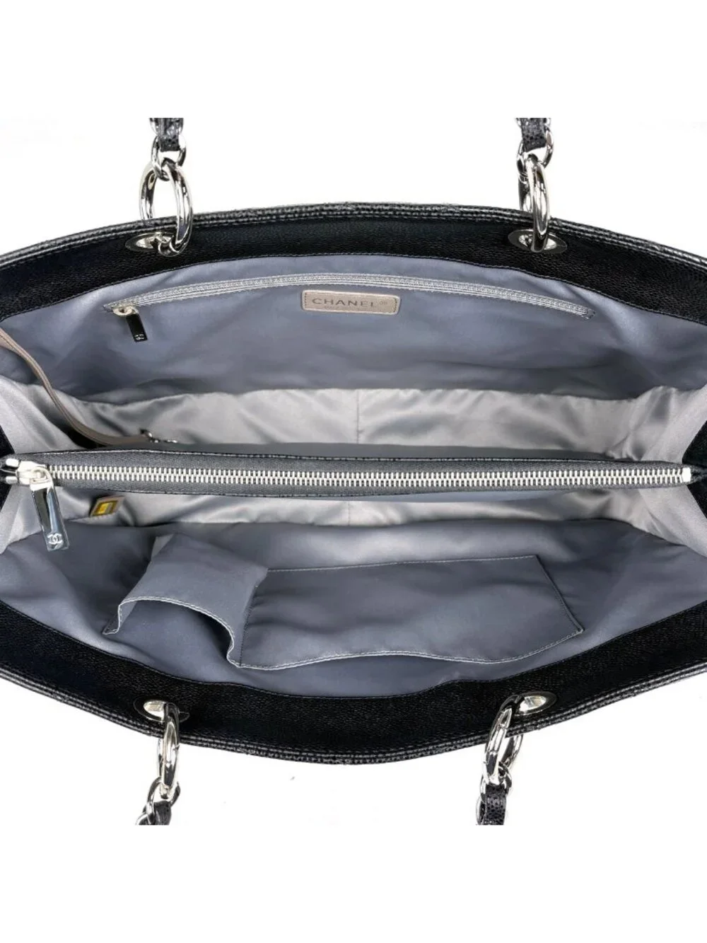 Chanel CC Logo Chain Tote Bag Quilted Caviar Leather Black